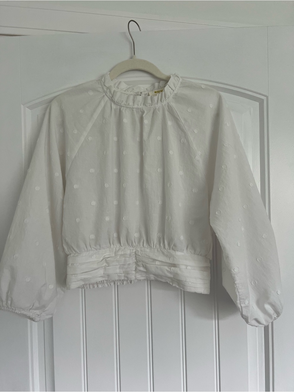 Anthropologie White Ruffled Dot-Texture Long Sleeve Top